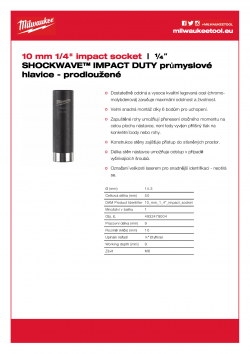 MILWAUKEE ¼" impact sockets - deep Průmyslová hlavice 10 mm ¼″ - prodloužená 4932478004 A4 PDF