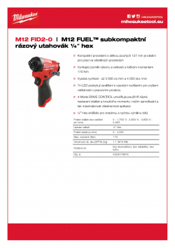 MILWAUKEE M12 FID2 M12 FUEL™ subkompaktní rázový utahovák ¼″ hex 4933479876 A4 PDF