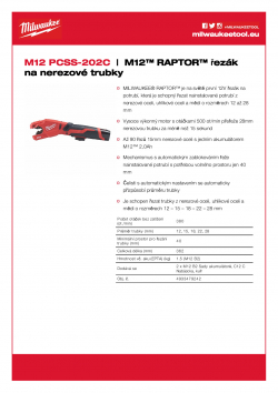 MILWAUKEE M12 PCSS M12™ RAPTOR™ řezák na nerezové trubky 4933479242 A4 PDF