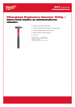 MILWAUKEE Fiberglass Engineers Hammer Zámečnické kladivo se sklolaminátovou násadou 500 g 4932478663 A4 PDF