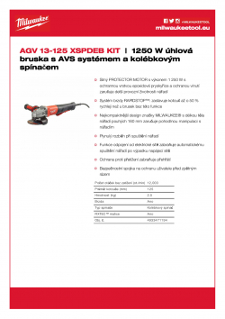 MILWAUKEE AGV 13 XSPDEB 1250 W úhlová bruska s AVS systémem a pádlovým spínačem 4933471194 A4 PDF