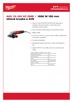 MILWAUKEE AGV 15 1550 W 150 mm úhlová bruska s AVS 4933459165 A4 PDF